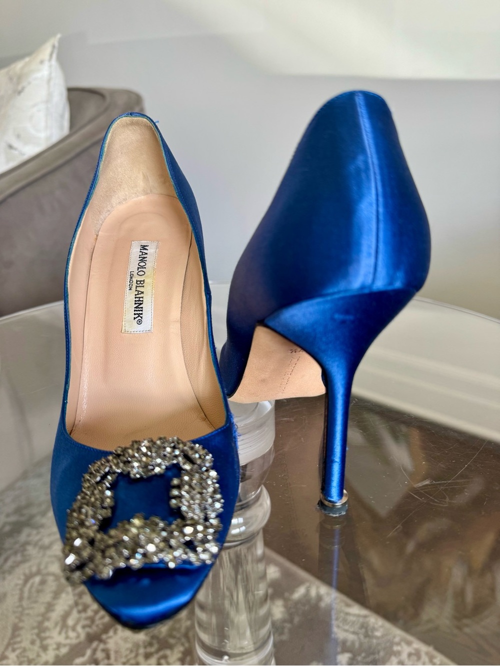 Manolo Blahnik Royal Blue Satin Crystal-Embellished Pumps